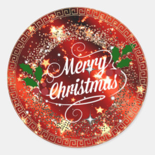 Prettig kerstfeest, sprankelend rood en goud, ronde sticker