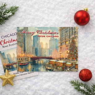 Prettig kerstfeest vanuit Chicago Vakantieansichtk Feestdagenkaart