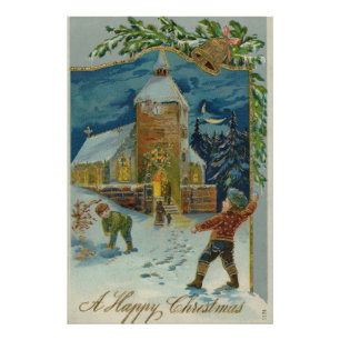 Prettig kerstfeest - Vintage sneeuwballengevecht a Foto Afdruk