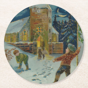 Prettig kerstfeest - Vintage sneeuwballengevecht a Ronde Kartonnen Onderzetter