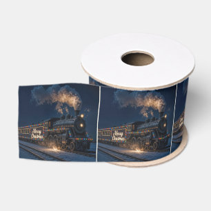 Prettig kerstfeest Vintage trein in de sneeuw Grosgrain Lint