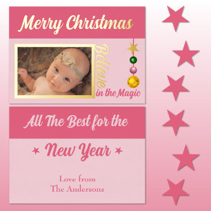 Prettig kerstfeest voeg foto bollen sterren roze e folie feestdagenkaart
