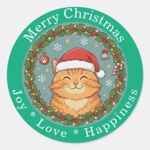 Prettig kerstfeest vreugde liefde geluk knuffelkat ronde sticker