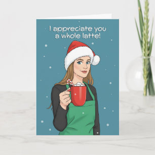 Prettig kerstfeest, vrolijke kerstbarista vrouw feestdagen kaart