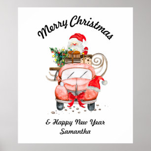 Prettig kerstfeest waterverf Santa autocaadeau Poster