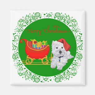 Prettig kerstfeest Westie met slee Magneet