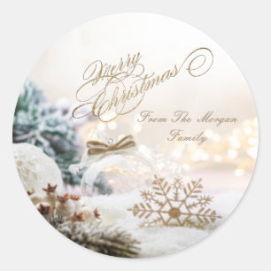 Prettig kerstfeest Witte ballen Sneeuwvlokken Ronde Sticker