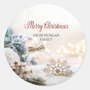 Prettig kerstfeest witte ballen sneeuwvlokken ronde sticker