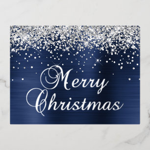 Prettig kerstfeest Zilver Glitter Navy Blauwe Glam Folie Feestdagen Briefkaart
