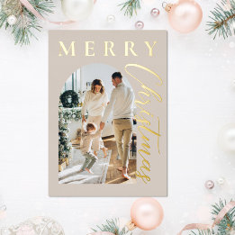 Prettig Kerstmis Beige Gouden Boog Foto Folie Feestdagenkaart