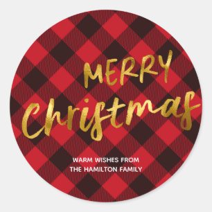 Prettig Kerstmis Buffalo Plaid en Goud Folie Schri Ronde Sticker
