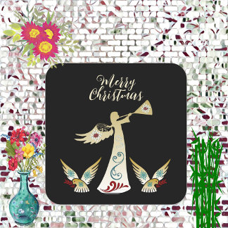 Prettig Kerstmis Engel Gouden Trompet Decoratieve  Vierkante Sticker