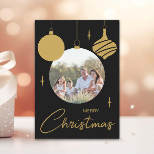Prettig Kerstmis Familie Foto Zwart en Goud Feestdagenkaart