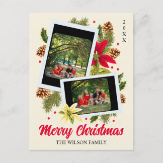 Prettig Kerstmis Familie Fotocollage Rode Bloem Feestdagenkaart