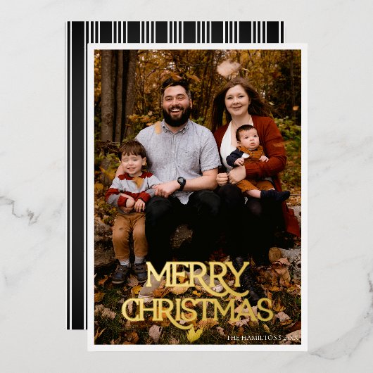 Prettig Kerstmis Goud Folie Zwart & Wit Streepdesi Folie Uitnodiging (Voorkant / Achterkant)