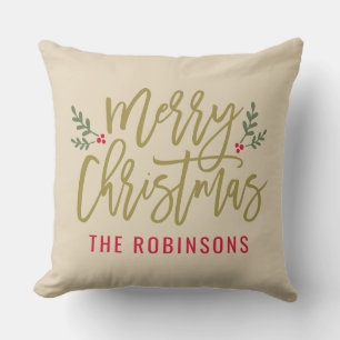 Prettig Kerstmis Gouden Schrift Familienaam Beige Kussen