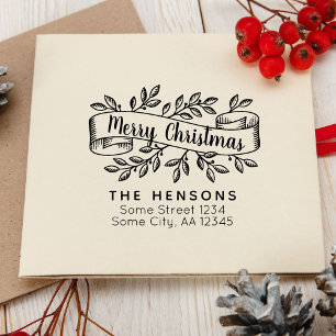 Prettig Kerstmis Landelijke Lint Familieadres Rubberstempel