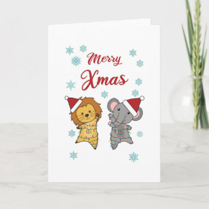 Prettig Kerstmis Leeuw Olifant Sneeuw Winter Kaart