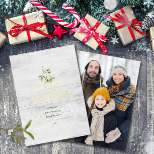 Prettig Kerstmis Mistletoe Rustiek Hout Foto Goud Folie Feestdagenkaart