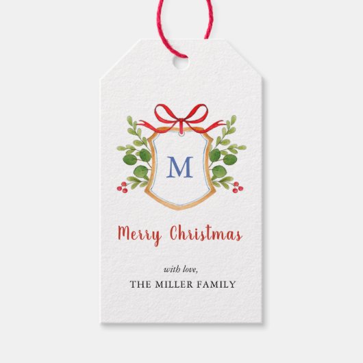 Prettig Kerstmis Monogram Wapenschild Vakantie  Cadeaulabel (Voorkant)