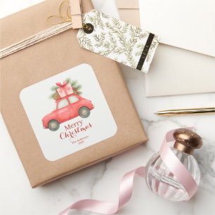 Prettig Kerstmis Rode Auto – Persoonlijke Kerst Vierkante Sticker
