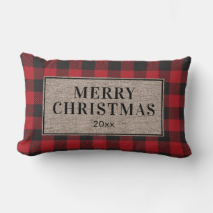 Prettig Kerstmis Rustieke Rode Buffalo Plaid Jute Kussen