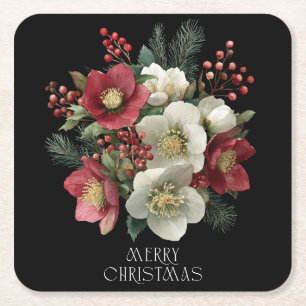 Prettig Kerstmis Schilderachtig Hellebore Kerstont Vierkante Kartonnen Onderzetter