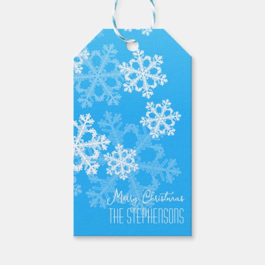 Prettig Kerstmis Stijlvolle Blauwe Sneeuwvlokken P Cadeaulabel (Voorkant)