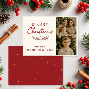 Prettig Kerstmis Twee Foto Rode Kerstkaart Kaart