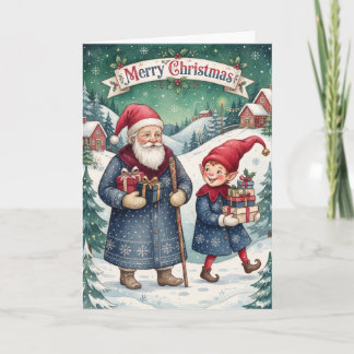 Prettig Kerstmis Vintage Kerstman En Elf Kaart