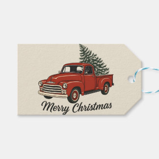 Prettig Kerstmis Vintage Rode Truck & Pijnboom Cadeaulabel