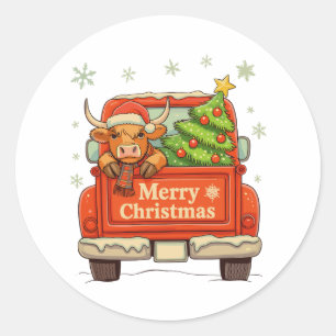 Prettig Kerstmis Vrachtwagen Schotse Hooglander Bo Ronde Sticker