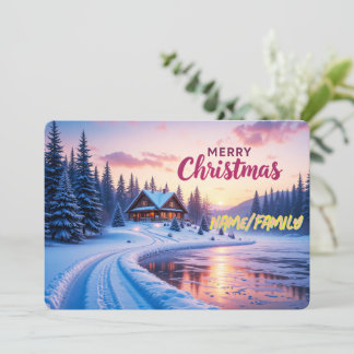Prettig Kerstmis Winterhuisje Zonsondergang Feestdagenkaart