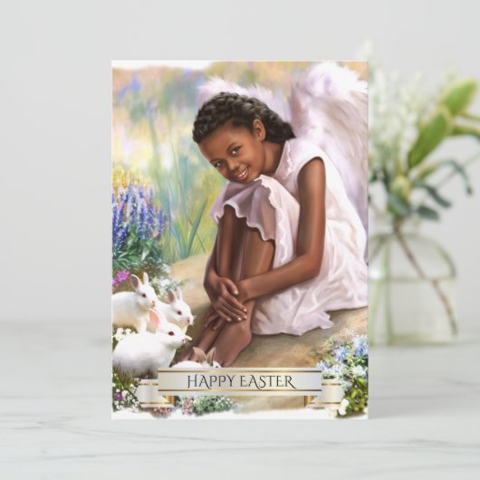 Prettig Pasen. Kleine engel met konijnen plat kaar Feestdagenkaart (Staand voorkant)
