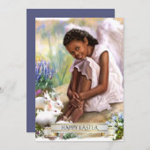 Prettig Pasen. Kleine engel met konijnen plat kaar Feestdagenkaart (Voorkant / Achterkant)