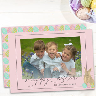 Prettig Pasen Knuffel Konijn Familie Foto Roze Feestdagenkaart