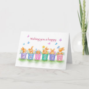 Prettig Pasen, konijnen in bloempotten met bloemen Kaart