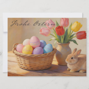 Prettig Pasen met gekleurde eieren en tulpen