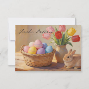 Prettig Pasen met gekleurde eieren en tulpen