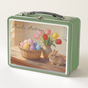 Prettig Pasen met gekleurde eieren en tulpen