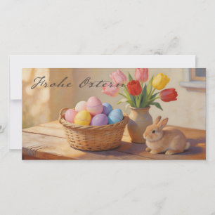 Prettig Pasen met gekleurde eieren en tulpen