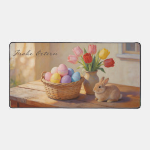 Prettig Pasen met gekleurde eieren en tulpen Bureaumat