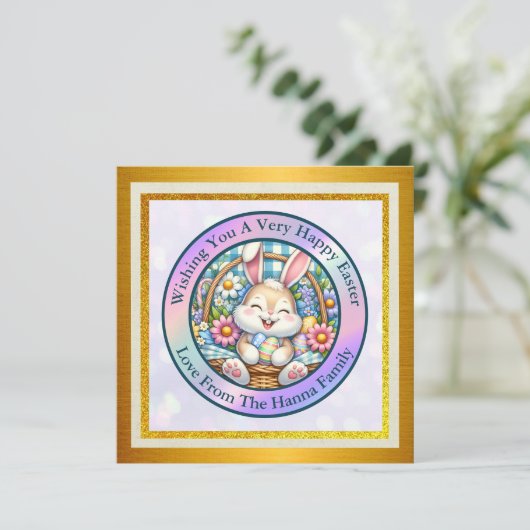 Prettig Pasen Met Knuffel Konijn, Eieren, en Bloem Kaart (Staand voorkant)