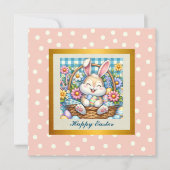 Prettig Pasen met Knuffel Konijn, Eieren, en Bloem Kaart (Voorkant)