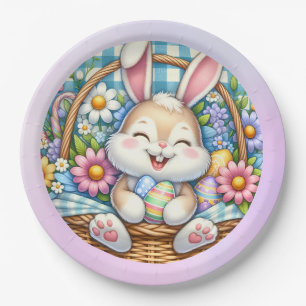 Prettig Pasen Met Knuffel Konijn, Eieren, en Bloem Papieren Bordje