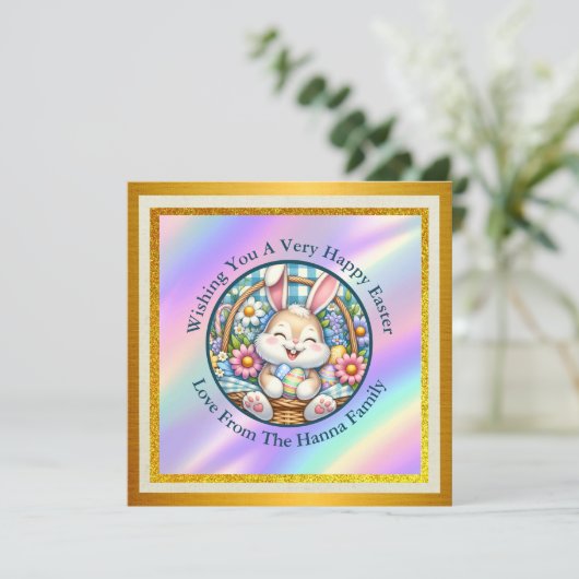 Prettig Pasen Met Knuffel Konijn, Eieren, en Flora Kaart (Staand voorkant)
