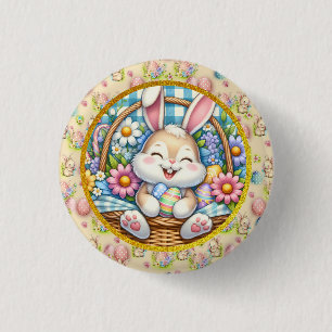 Prettig Pasen met knuffelkonijn, eieren en bloemen Ronde Button 3,2 Cm