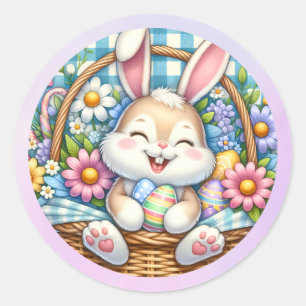 Prettig Pasen met knuffelkonijn, eieren en bloemen Ronde Sticker