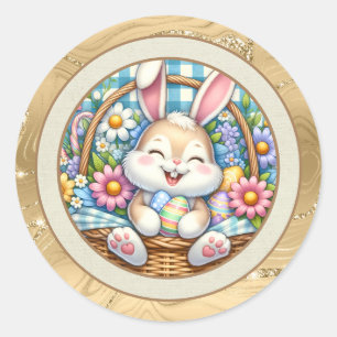 Prettig Pasen met knuffelkonijn, eieren en bloemen Ronde Sticker