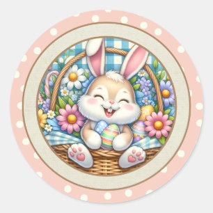 Prettig Pasen met knuffelkonijn, eieren en bloemen Ronde Sticker